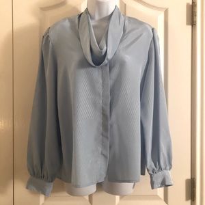 Vintage 80s Anne Klein Silky Sky Blue Long-Sleeve Drape Top
